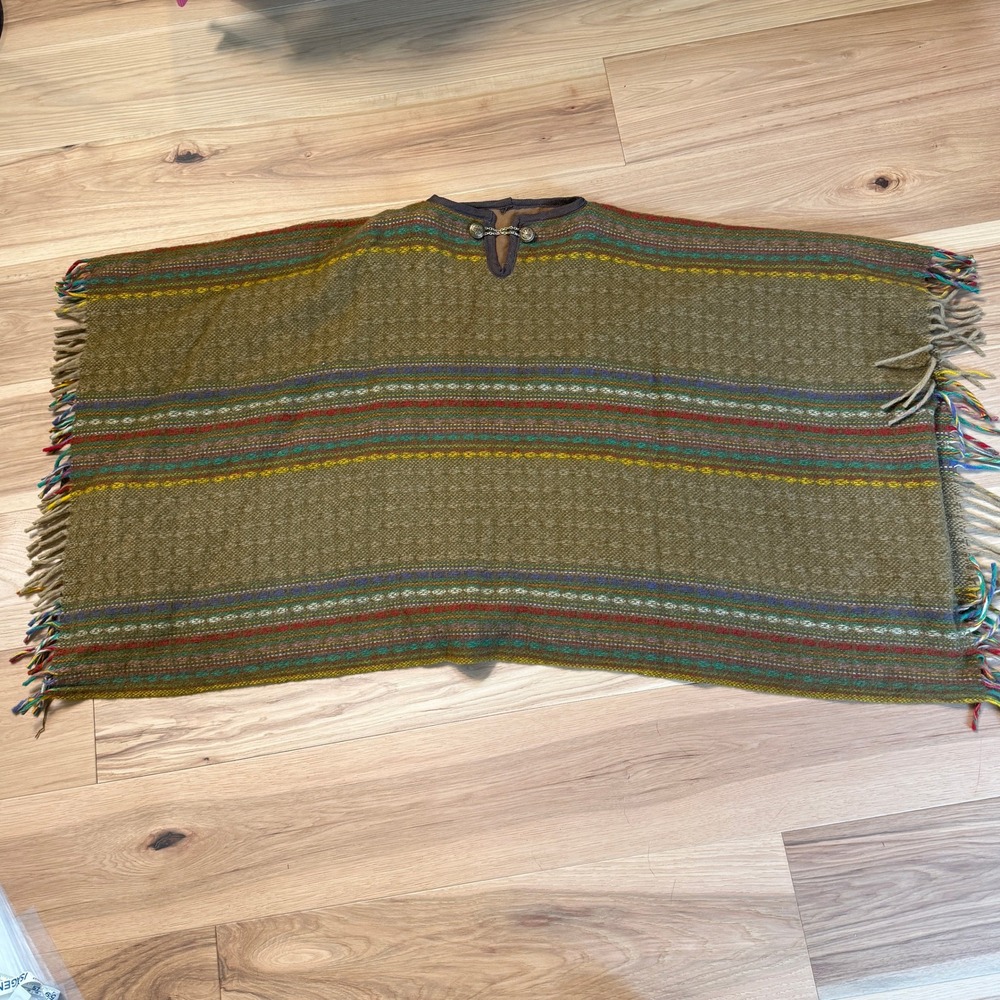 Artisan Vintage Woven Wool Poncho Olive Green Multi-Color Striped Fringe Lined